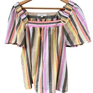 LOFT Pink and Yellow Ruffled Short Sleeve Blouse Size Medium
